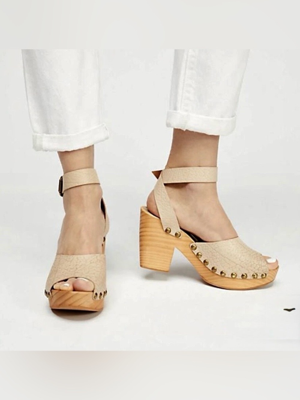 Free People Pasadena Clogs Black Suede Studded Wooden Platform Sandals Peep Toe - Picture 6 of 16